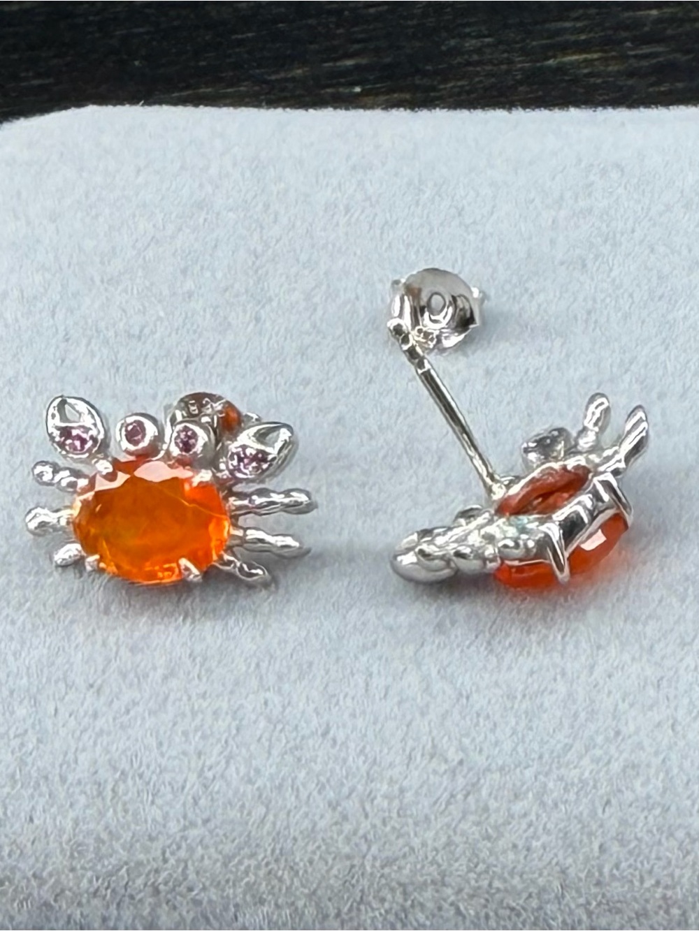 Stunning Natural Orange Fire Opal 8x6mm Crab 925 Sterling Silver Earrings - Picture 3 of 11